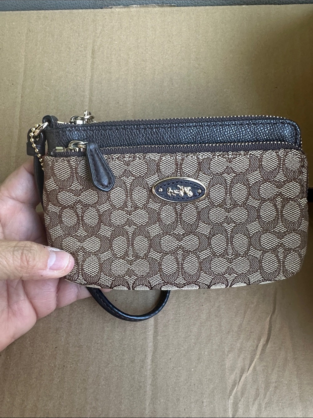 Coach Signature Canvas Wristlet in Brown and Dark Brown